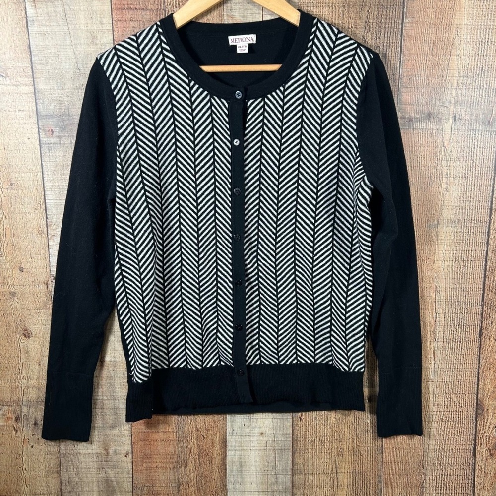 Merona Black White Herringbone Chevron Cardigan Sweater XL Preppy Dark Academia